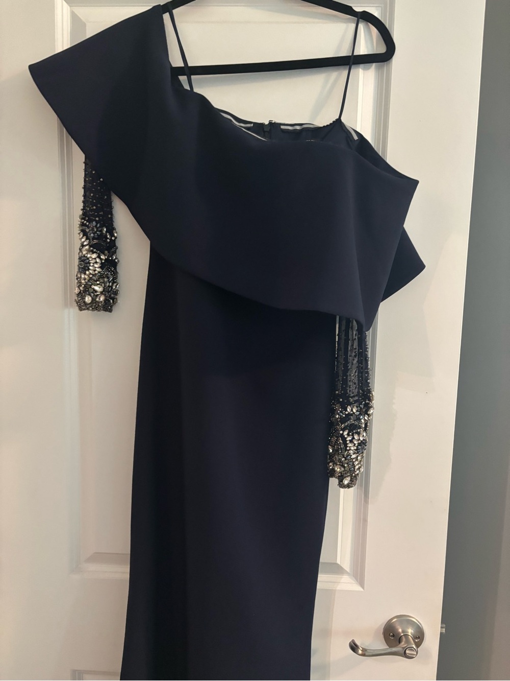 Badgley Mischka Navy One-Shoulder Gown with Beaded Sleeve brand new never wore
